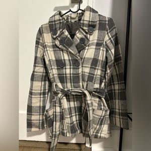 White and gray plaid peacoat by Jou Jou